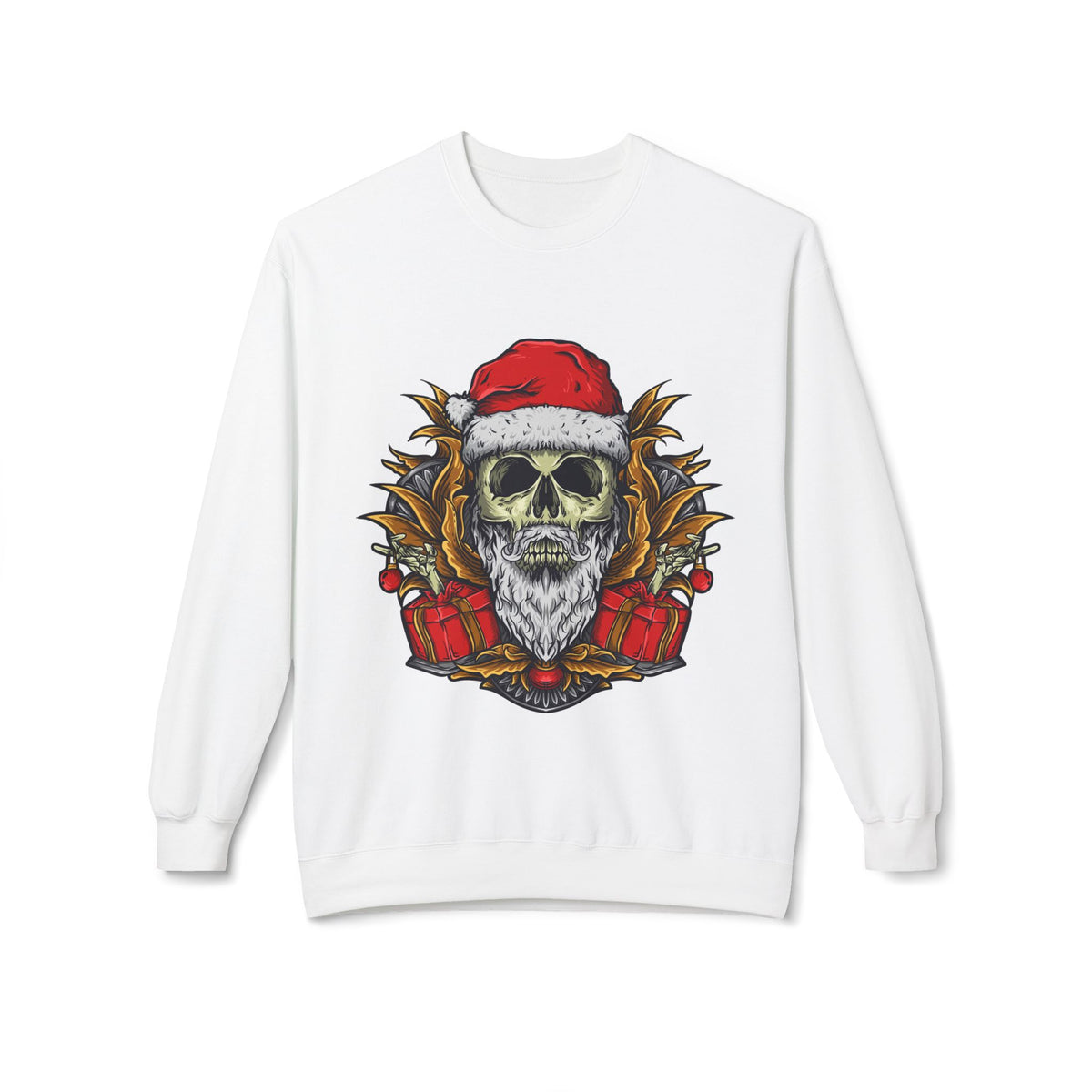 Skull Santa — Edgy Christmas Skull with Santa Hat and Gifts Crewneck Sweatshirt