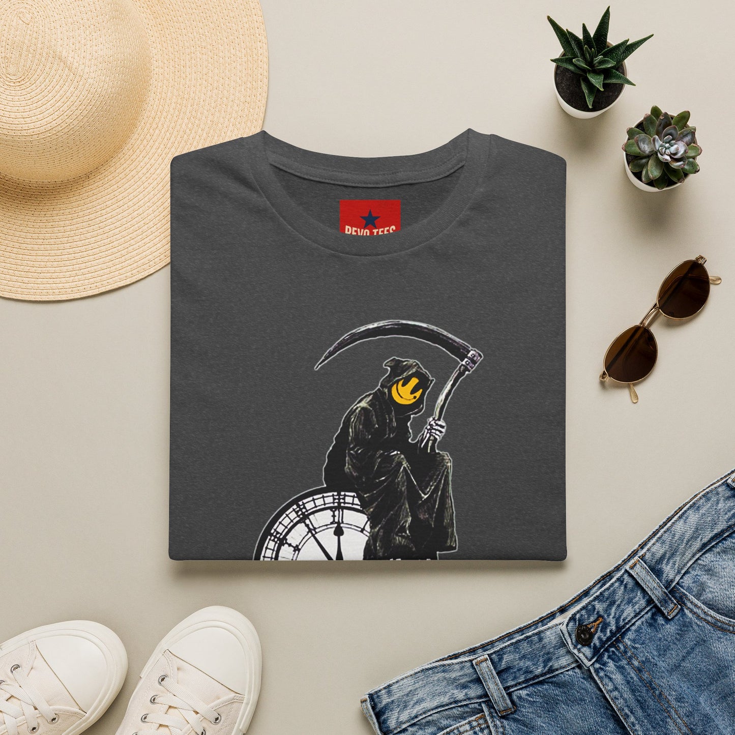 Banksy T‑Shirt — Grim Reaper Clock Graphic Tee (Smiley Mask)