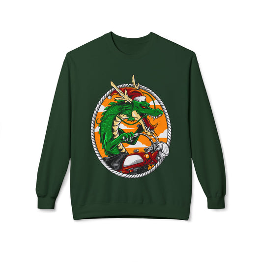 Dragon Santa Riding — Retro Green Dragon Surfing Crewneck Sweatshirt