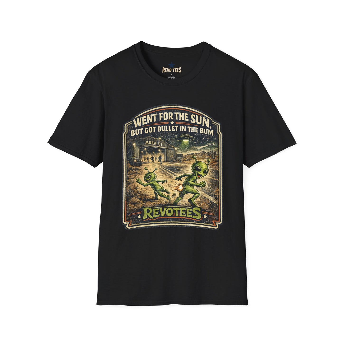 REVOTEES Alien Roadtrip Graphic Tee — "Went For The Sun But Got Bullet In The Bum"