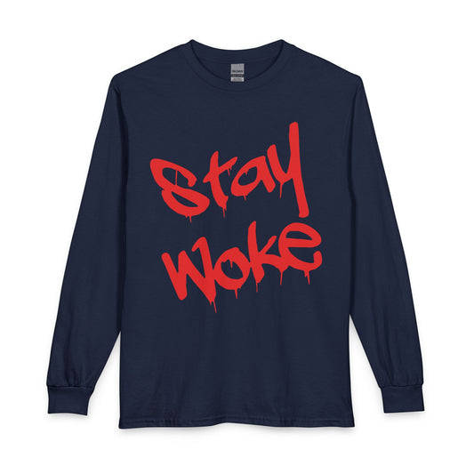 Stay Woke Long Sleeve Tee – Red Blood Graffiti Script Shirt