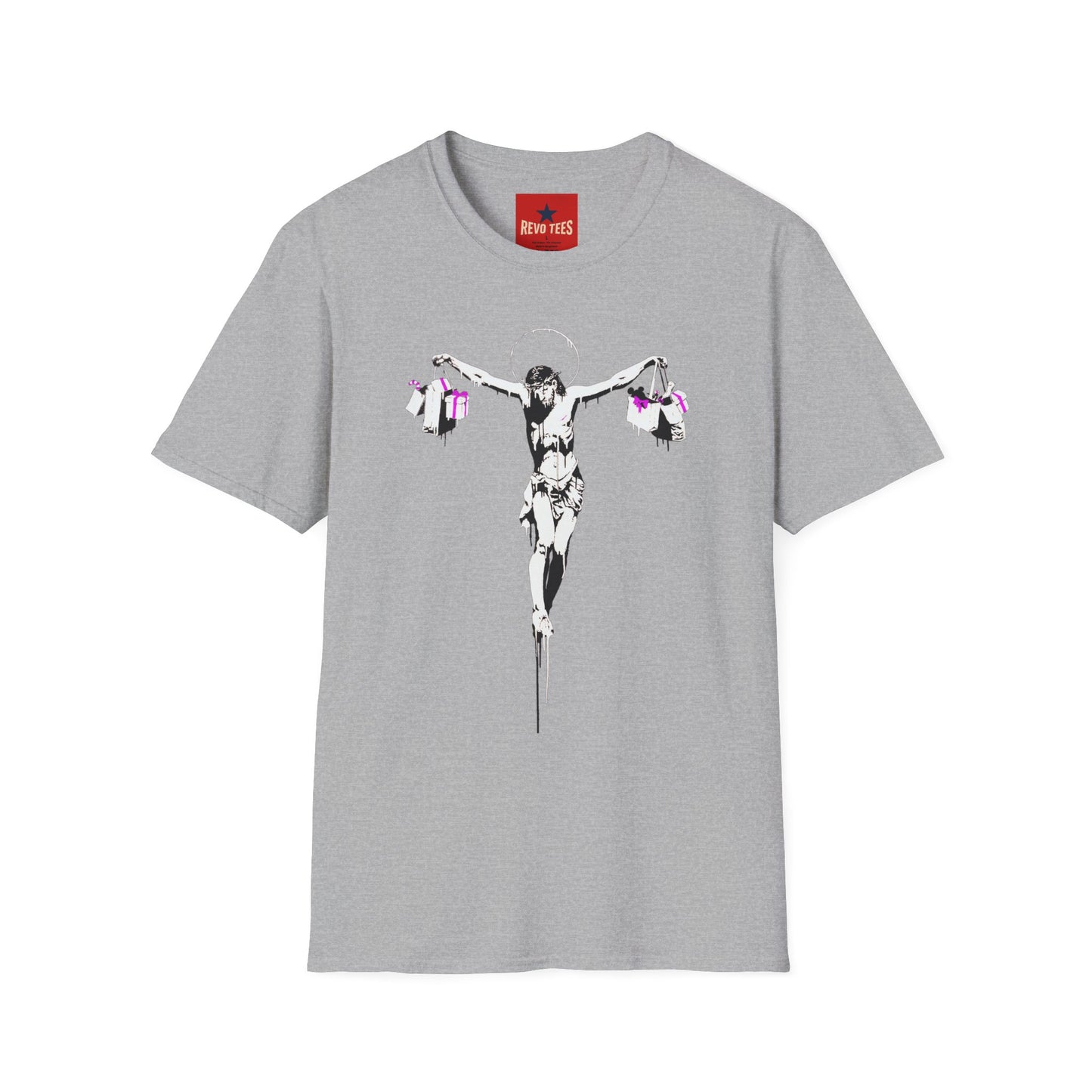 Banksy Crucifixion Balance Tee — Stenciled Jesus Holding Gift Bags Graphic T-Shirt