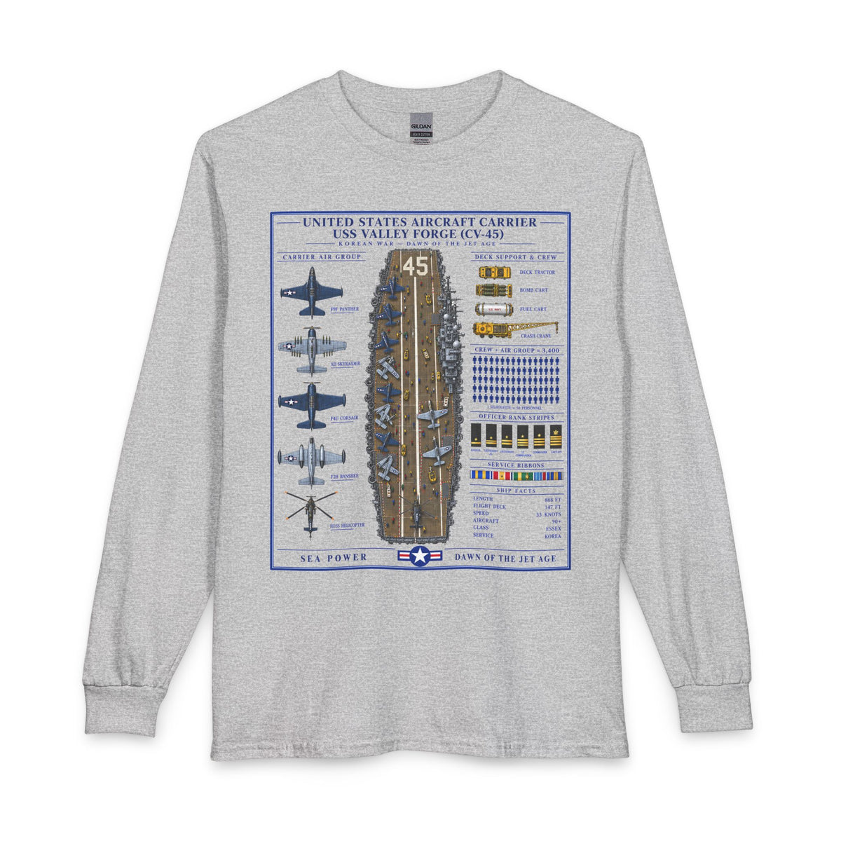A light heather gray long-sleeve t-shirt with a detailed graphic print of the USS Valley Forge (CV-45) aircraft carrier on the front. The graphic features a blue border, a central illustration of the ship's flight deck and aircraft, and various technical details and insignia.