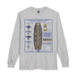 A light heather gray long-sleeve t-shirt with a detailed graphic print of the USS Valley Forge (CV-45) aircraft carrier on the front. The graphic features a blue border, a central illustration of the ship's flight deck and aircraft, and various technical details and insignia.