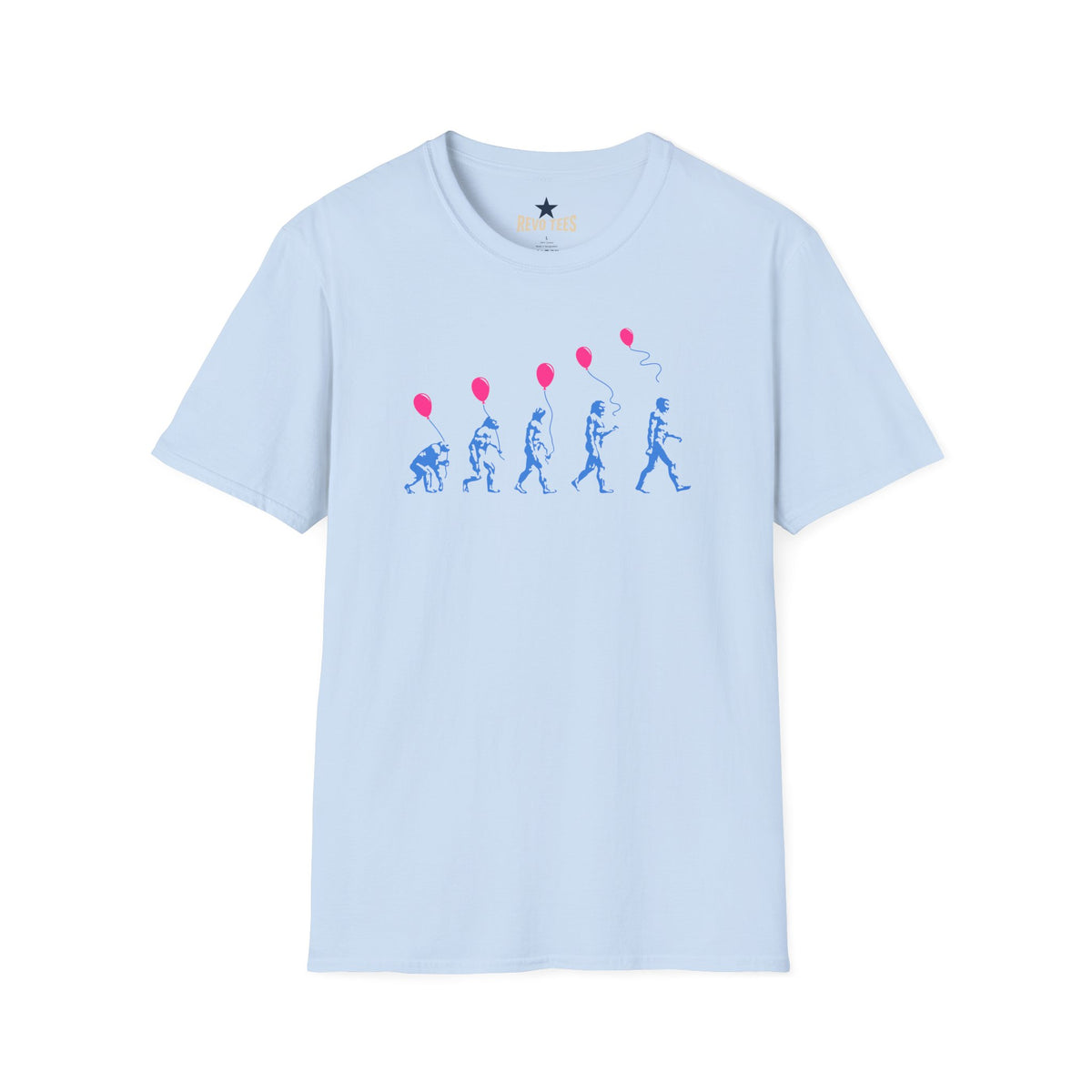 Revotees Evolution of Man Holding Balloon Funny Retro Evolution Graphic T-Shirt