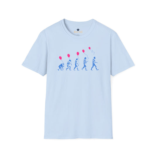 Revotees Evolution of Man Holding Balloon Funny Retro Evolution Graphic T-Shirt