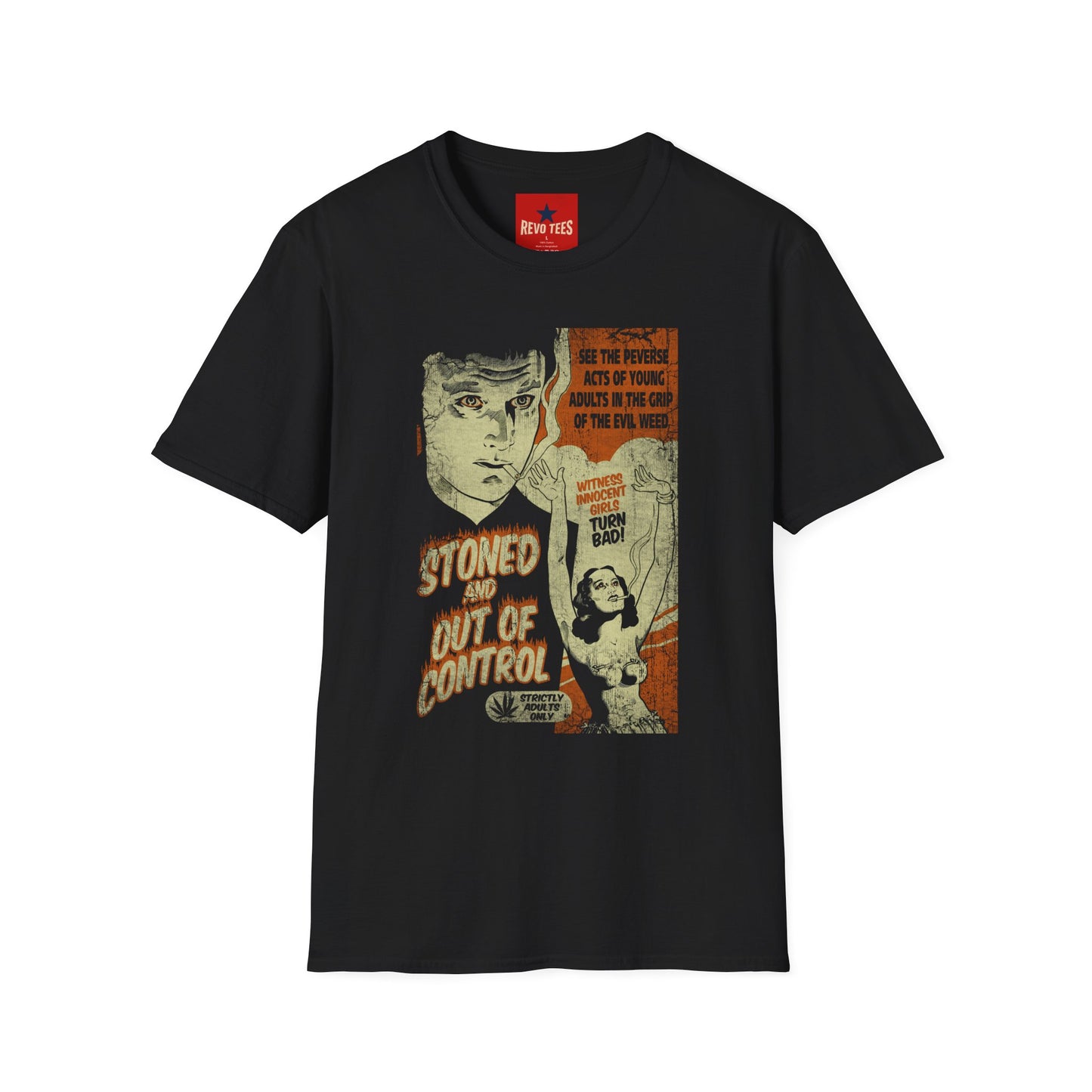 Vintage Anti-Drug Poster Graphic T-Shirt — “Stoned and Out of Control” Retro Design