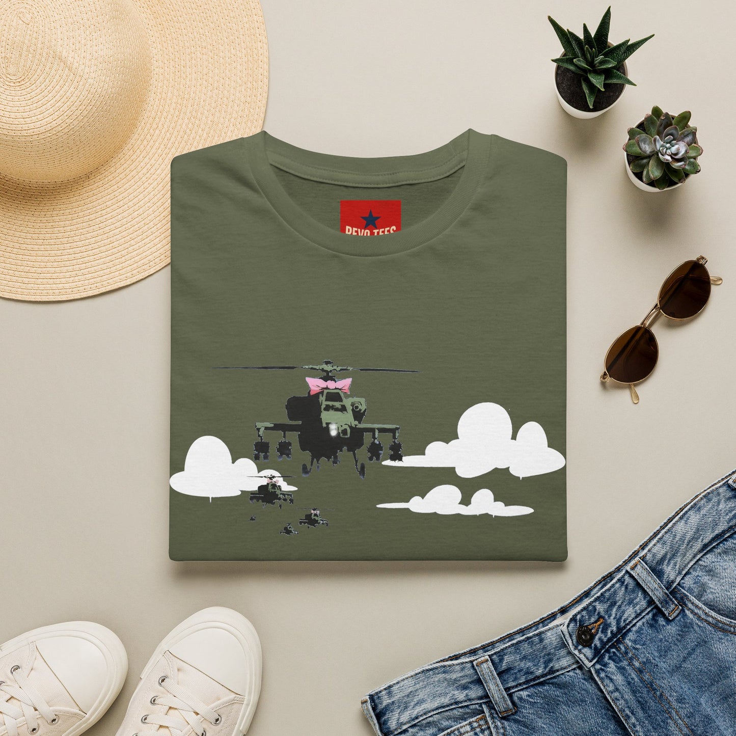 Banksy Helicopter Pilot Graphic T-Shirt — Vintage Chopper Clouds Design