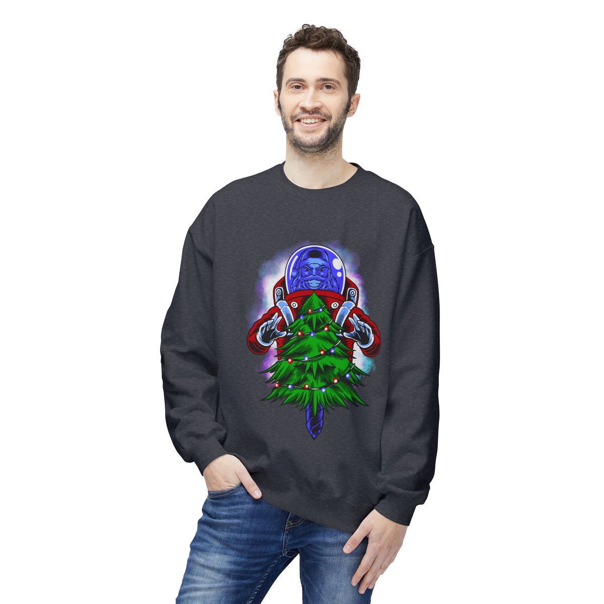 Astronaut Santa Pouncing on a Christmas Tree Crewneck Sweatshirt