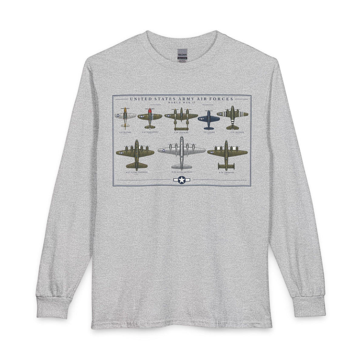 A light heather gray long-sleeve t-shirt with a vintage-style graphic print of United States Army Air Forces aircraft on the front chest, displayed against a solid white background.