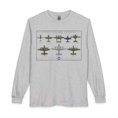 A light heather gray long-sleeve t-shirt with a vintage-style graphic print of United States Army Air Forces aircraft on the front chest, displayed against a solid white background.