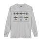 A light heather gray long-sleeve t-shirt with a vintage-style graphic print of United States Army Air Forces aircraft on the front chest, displayed against a solid white background.