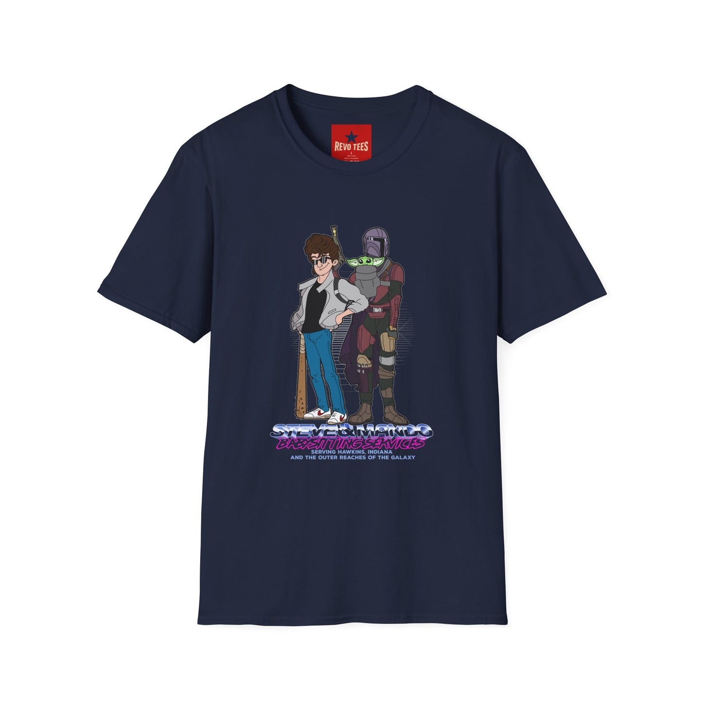 Retro Space Duo T‑Shirt — Cartoon Bounty Hunter & Kid Graphic Tee