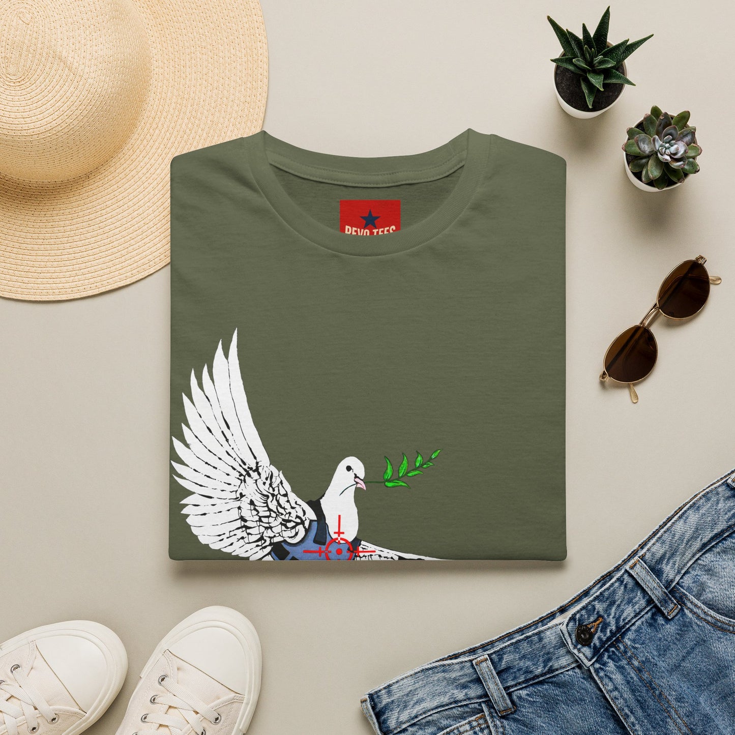 Banksy's Dove of Peace T‑Shirt — Flying Dove with Olive Branch & Earth Heart Graphic