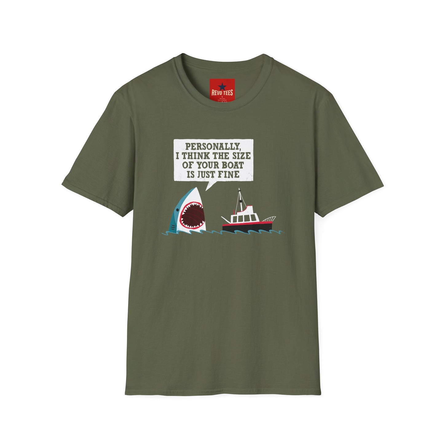 Shark Joke T-Shirt — "Personally, I Think the Size of Your Boat Is Just Fine" Graphic Tee