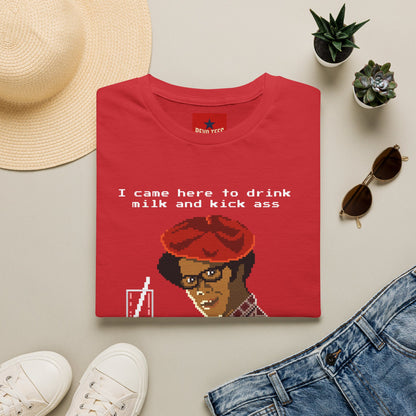 Graphic T‑Shirt — "I Came Here to Drink Milk and Kick Ass" Retro Pixel Design