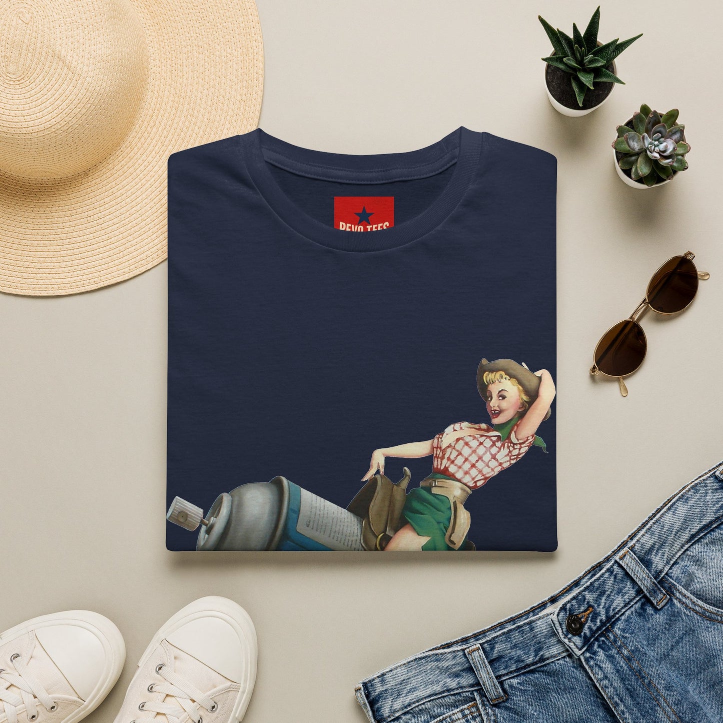 Banksy Pin-Up Cowgirl T-Shirt — Retro Pinup Girl Riding Soda Can Vintage Tee