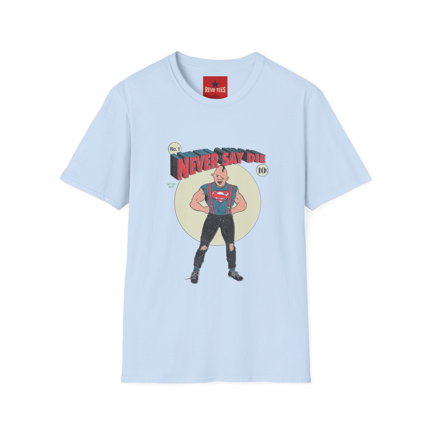 Never Say Die T‑Shirt — Vintage Superhero Graphic Tee