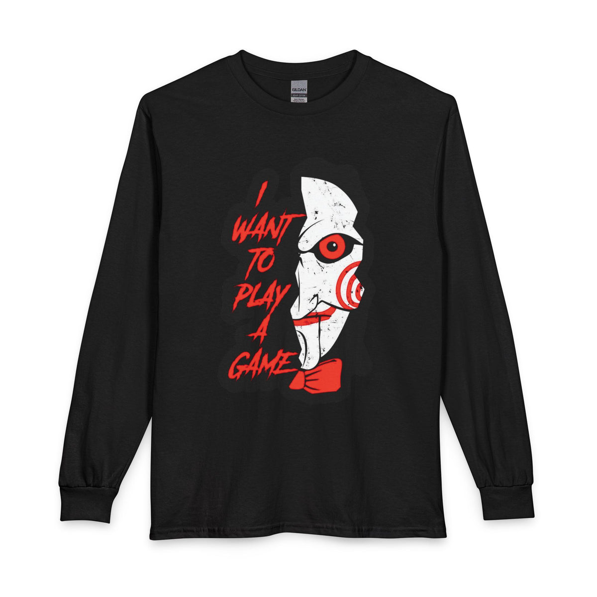 SAW - Horror Movie Long Sleeve Tee — "I Want to Play a Game" Jigsaw Puppet Graphic