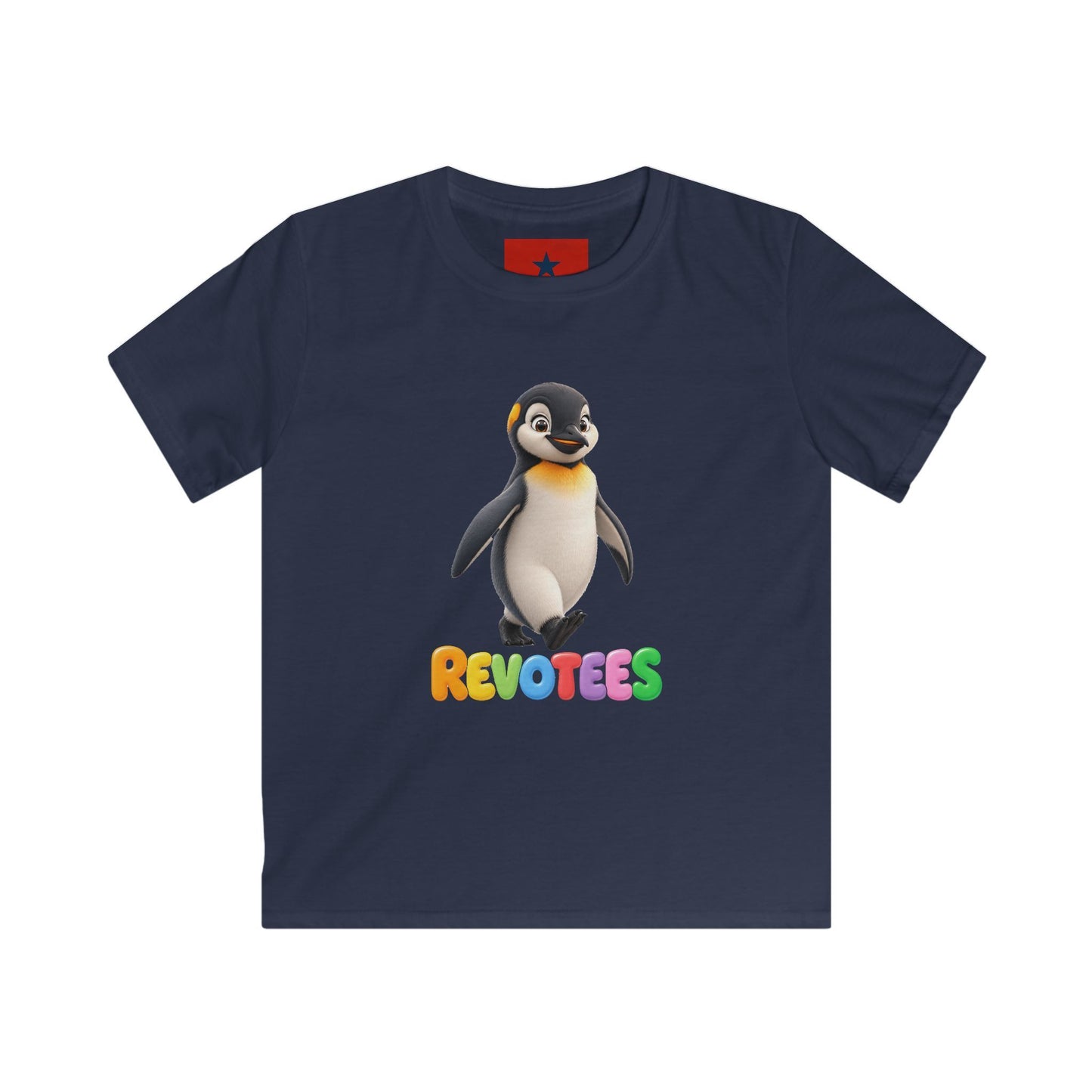 Kids Tee — Cute Pebble Penguin “REVOTEES” Colorful Logo