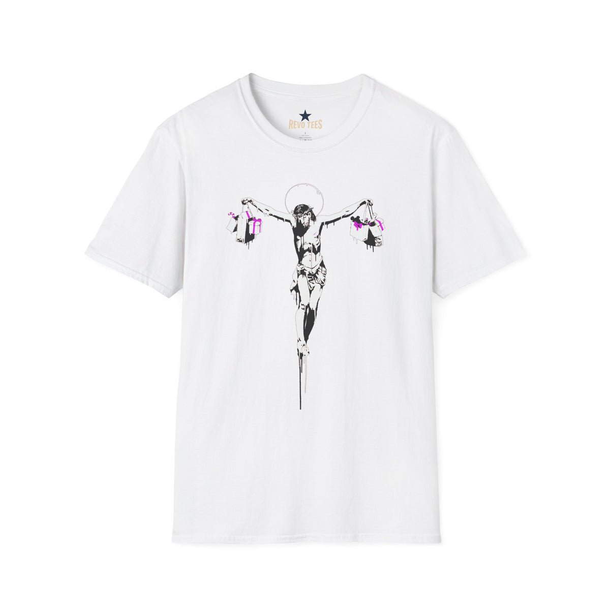 Revotees Banksy Crucifixion Balance Stenciled Jesus Holding Gift Bags Graphic T-Shirt