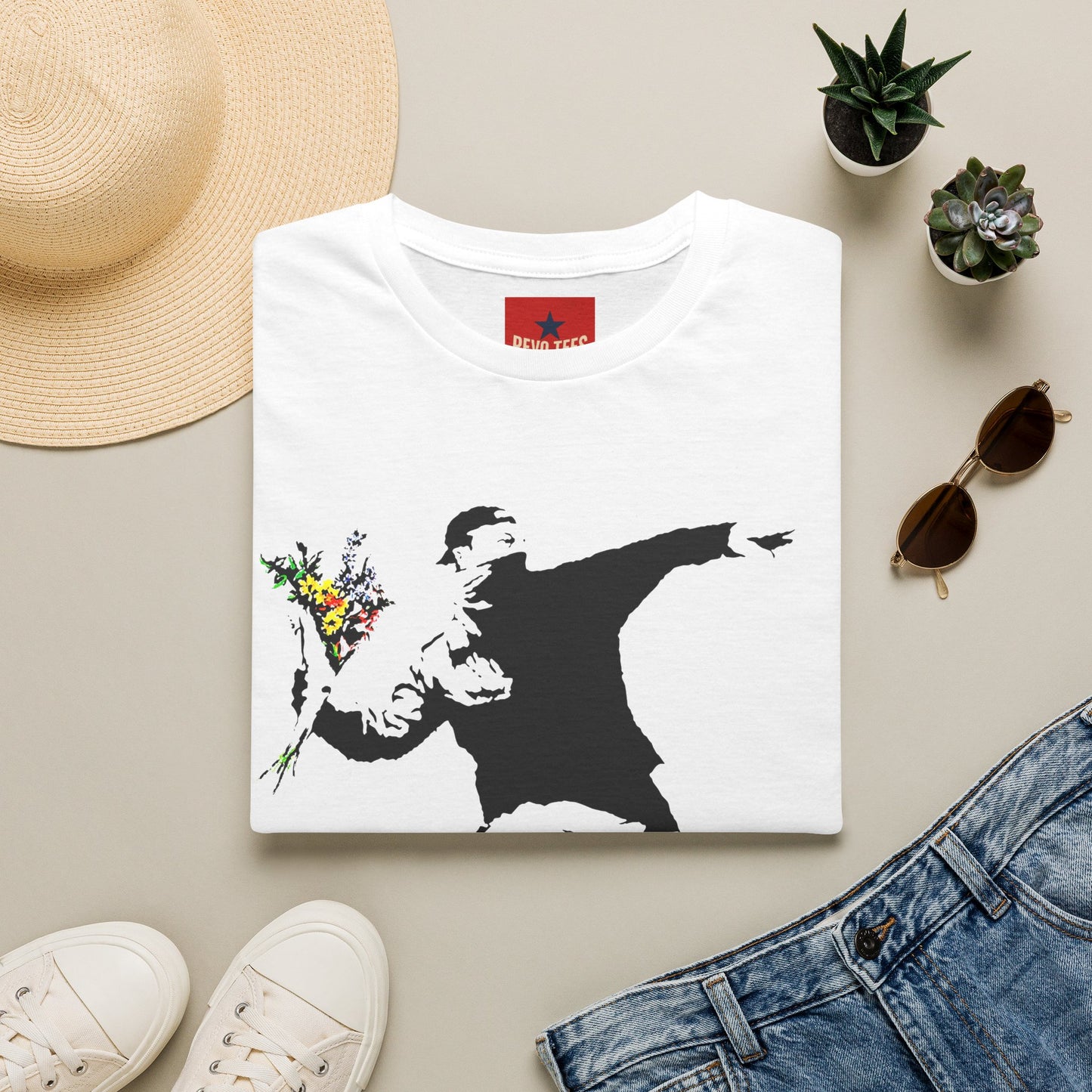 Banksy-Style Flower Bomber T-Shirt — Street Art Protest Graphic Tee