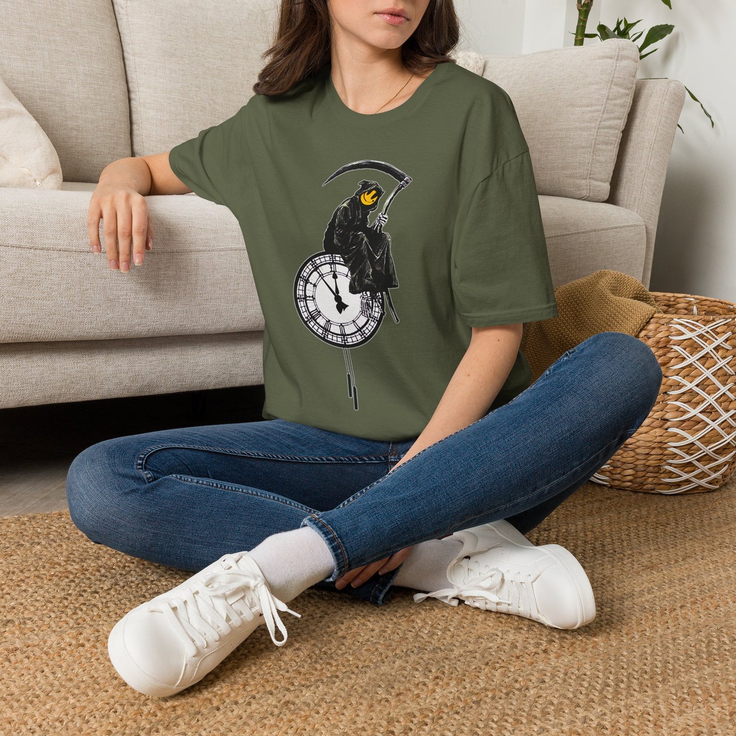 Banksy T‑Shirt — Grim Reaper Clock Graphic Tee (Smiley Mask)