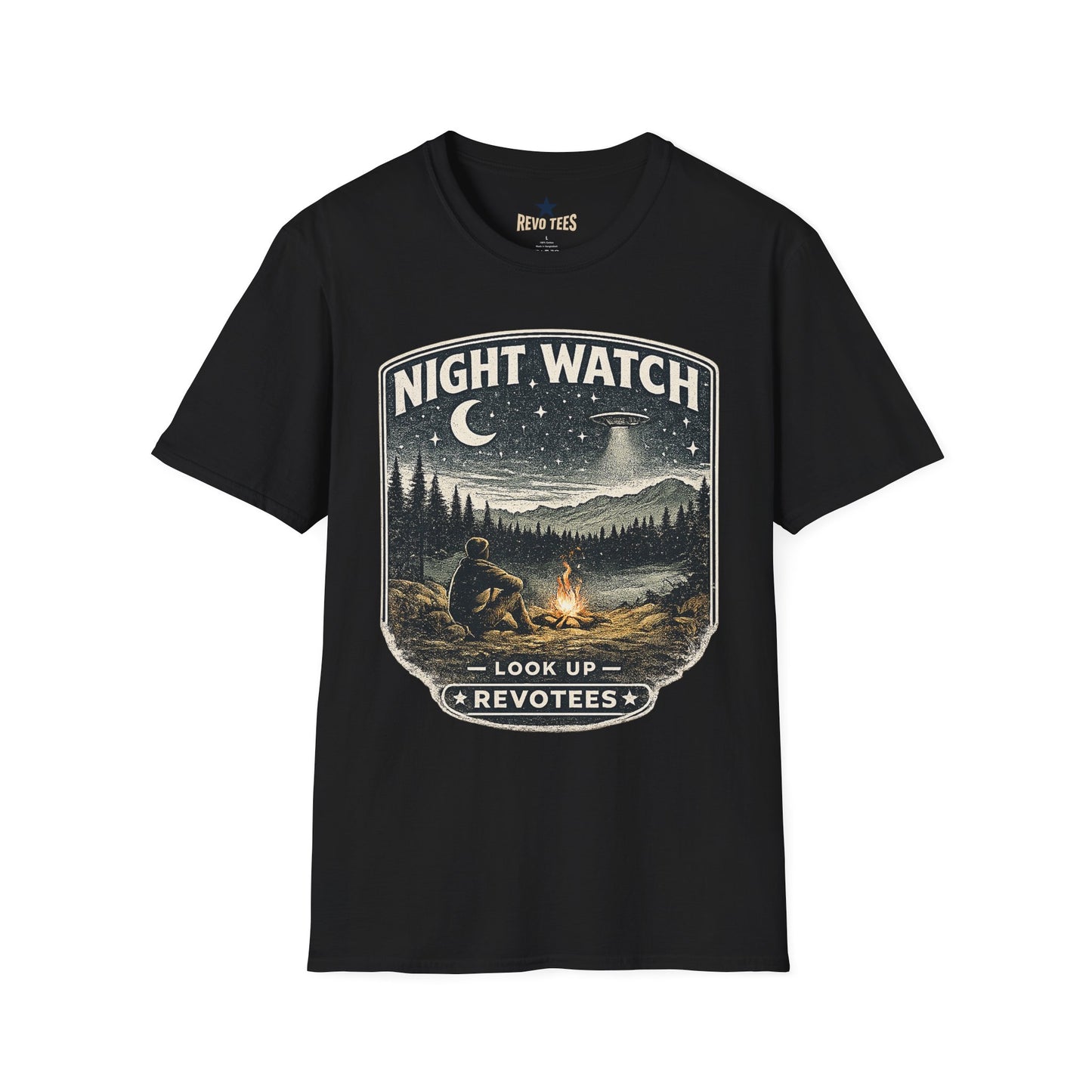 REVOTEES Night Watch T-Shirt — Vintage UFO Camping Graphic Tee ("Look Up")