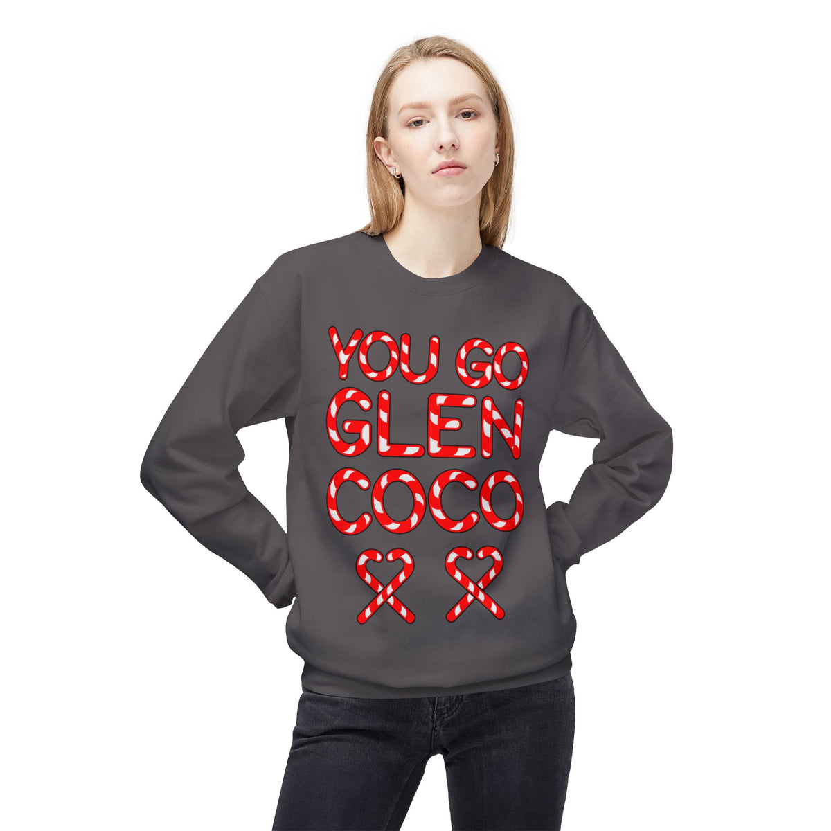 "You Go Glen Coco" Candy Cane Holiday Graphic Crewneck Sweatshirt