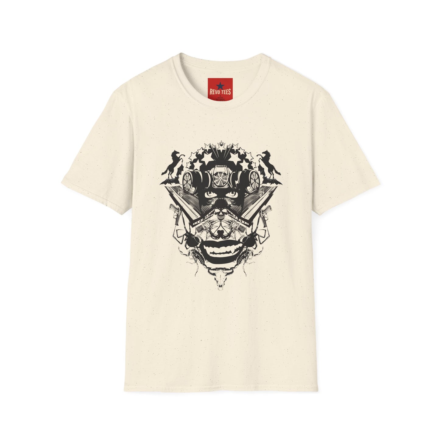 Skull Crown Graphic T-Shirt — Gothic Cat & Mask Illustration
