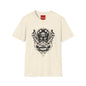 Skull Crown Graphic T-Shirt — Gothic Cat & Mask Illustration