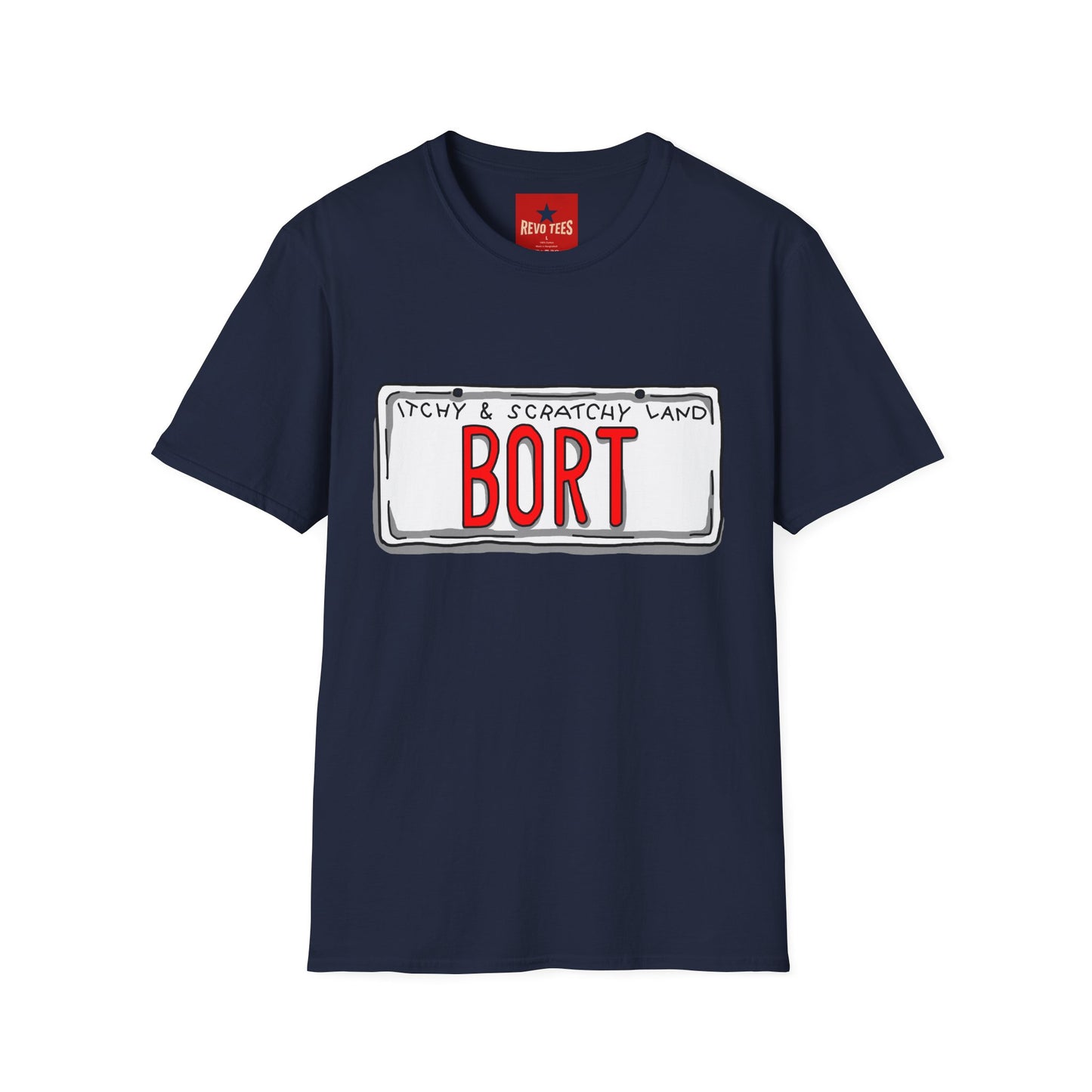BORT License Plate T‑Shirt — 'Itchy & Scratchy Land' Retro TV Fan Tee
