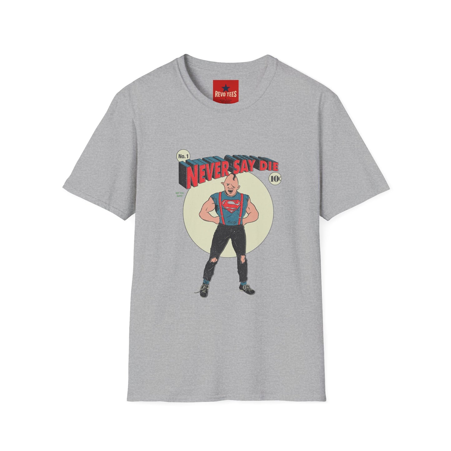 Never Say Die T‑Shirt — Vintage Superhero Graphic Tee