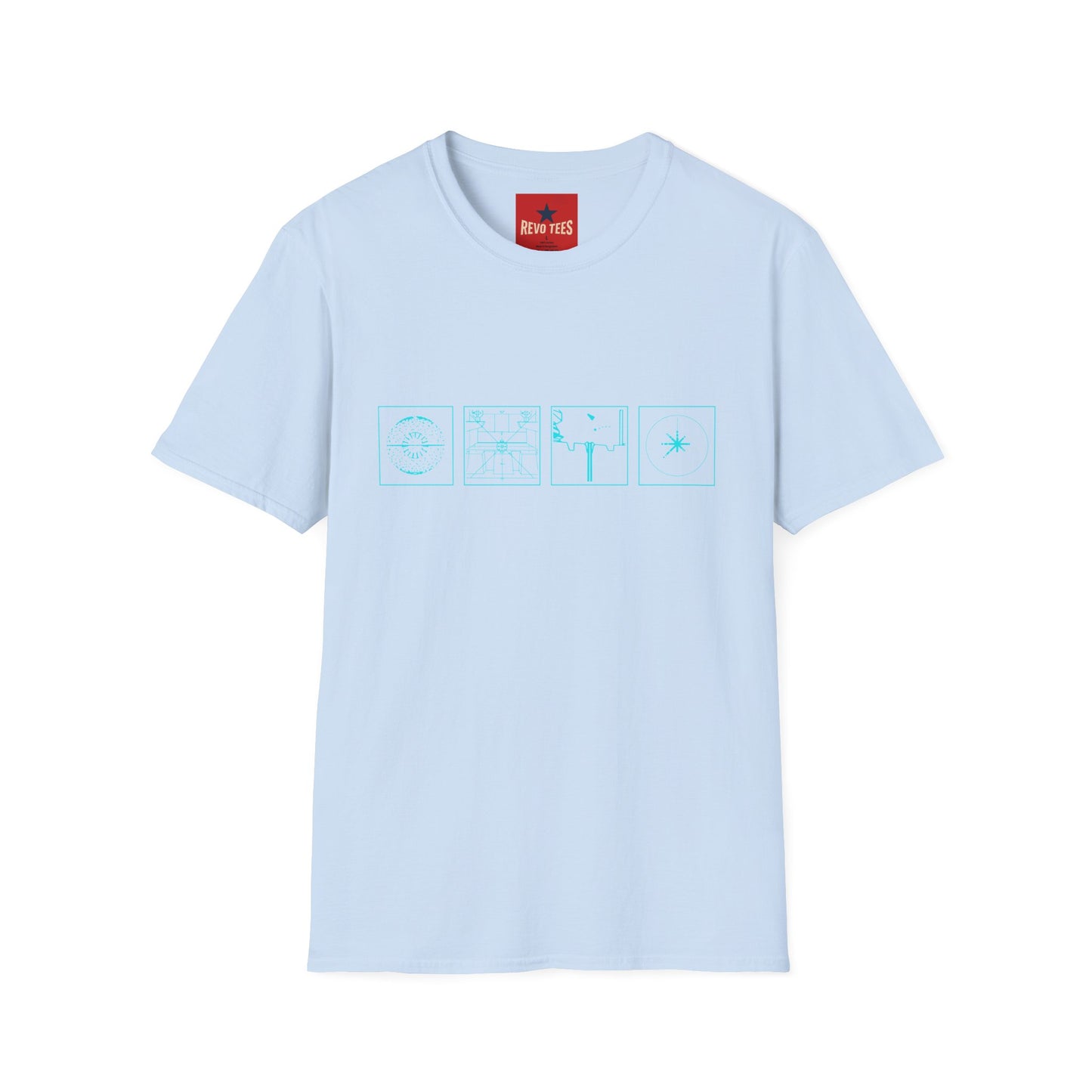 Minimal Celestial Icons T-Shirt — Light Blue Astrological Symbols