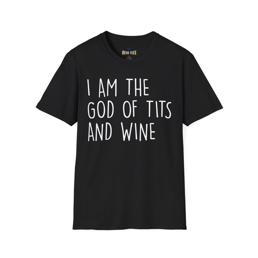 Revotees Graphic I Am the God of Tits and Wine Funny Slogan for Wine Lovers Bachelorette Gifts T-Shirt