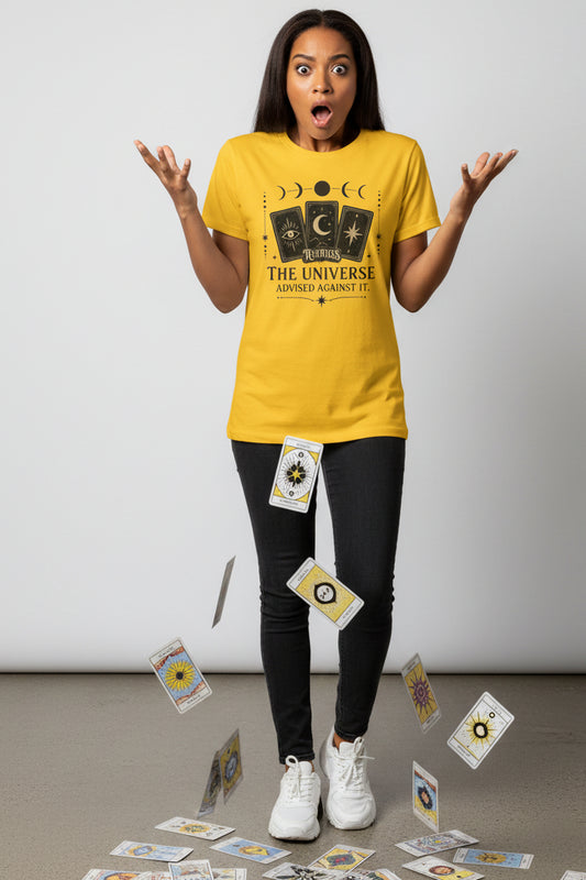 REVOTEES Women's Tee — 'The Universe Advised Against It' Tarot Moon Phase Graphic