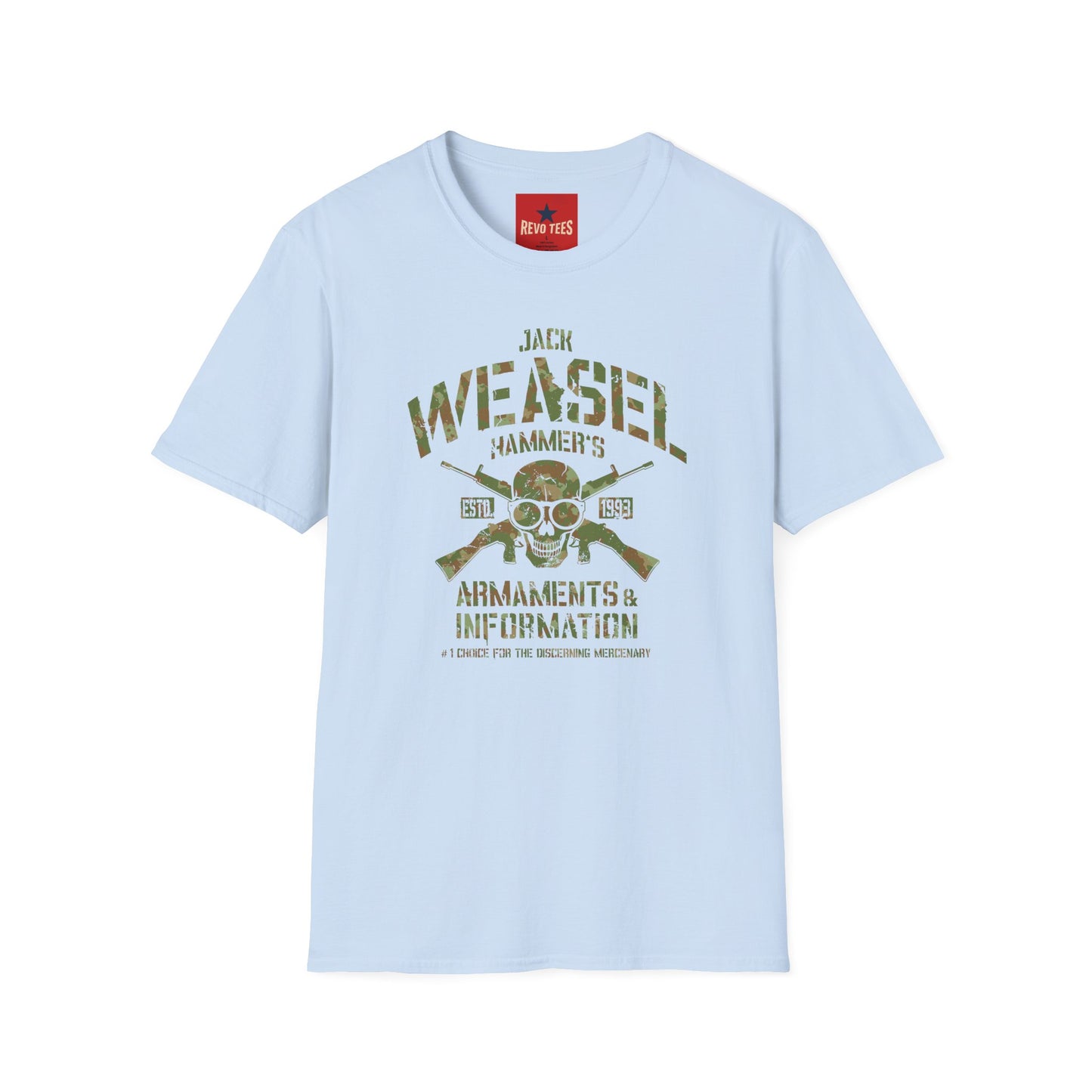 Weasel Hammer Skull Camo T-Shirt — Jack Weasel Armaments & Information Graphic Tee