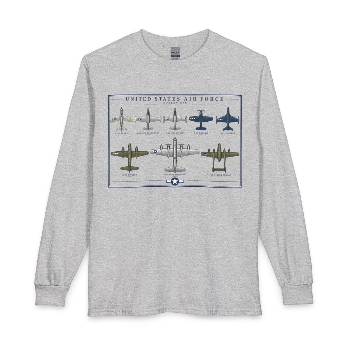 A light heather gray long-sleeve t-shirt featuring a vintage-style graphic print of United States Air Force aircraft on the front chest.
