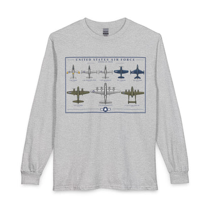 A light heather gray long-sleeve t-shirt featuring a vintage-style graphic print of United States Air Force aircraft on the front chest.
