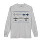 A light heather gray long-sleeve t-shirt featuring a vintage-style graphic print of United States Air Force aircraft on the front chest.