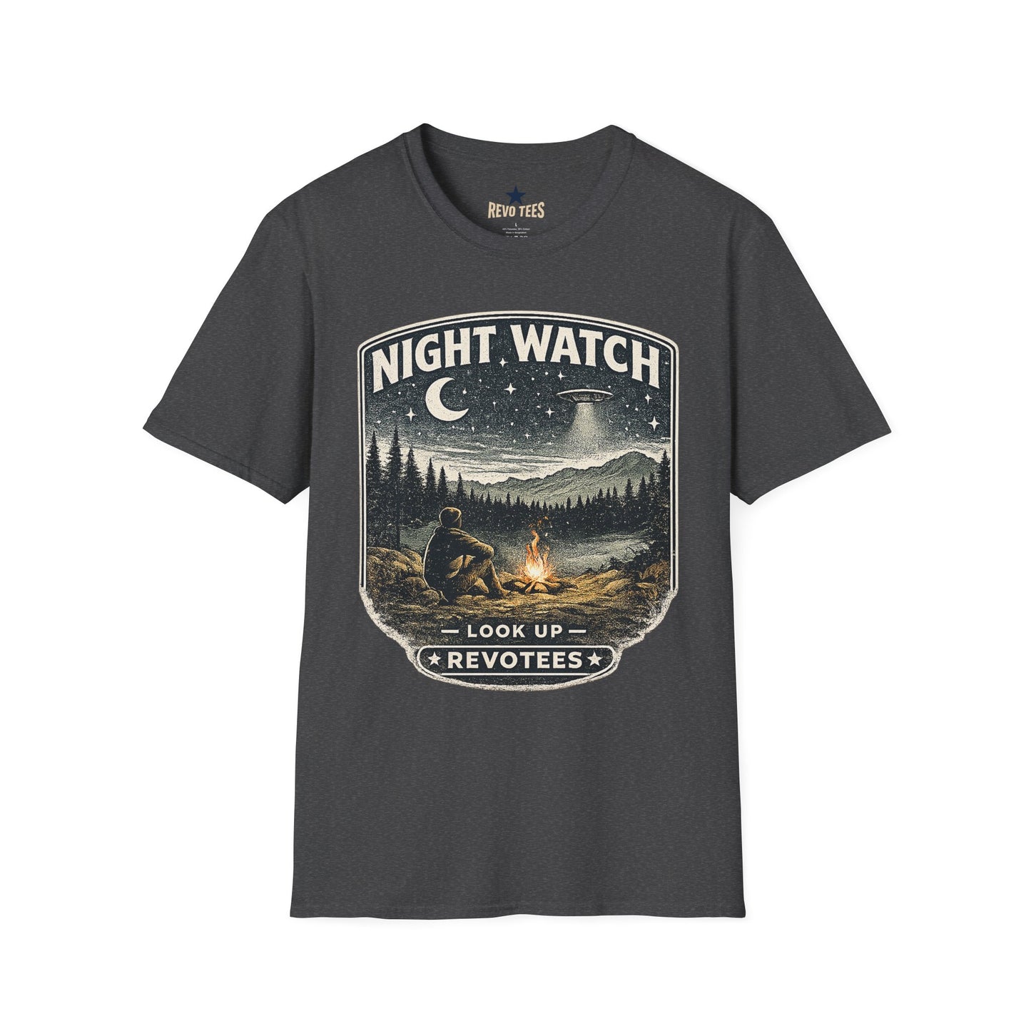 REVOTEES Night Watch T-Shirt — Vintage UFO Camping Graphic Tee ("Look Up")