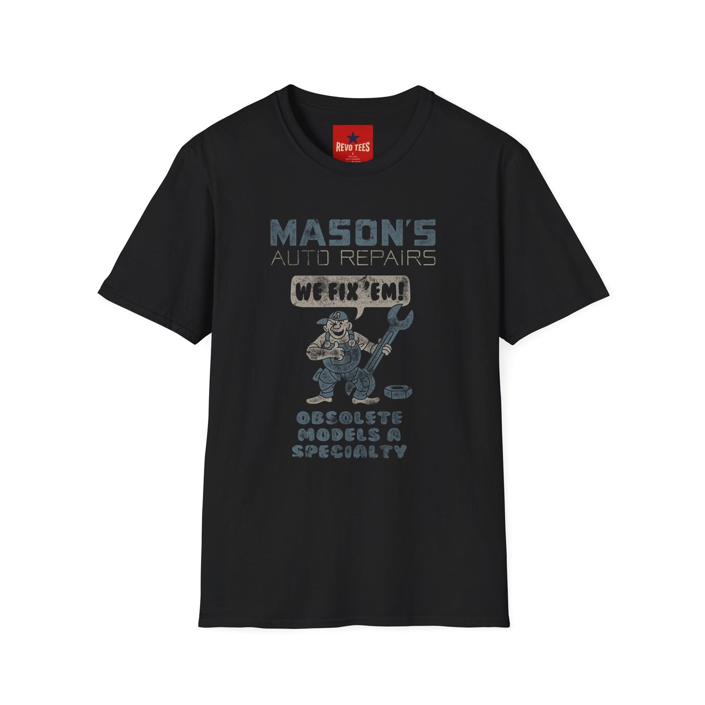 Mechanic Shop T‑Shirt — "Mason's Auto Repairs: We Fix 'Em" Vintage Garage Tee