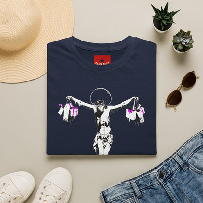 Banksy Crucifixion Balance Tee — Stenciled Jesus Holding Gift Bags Graphic T-Shirt