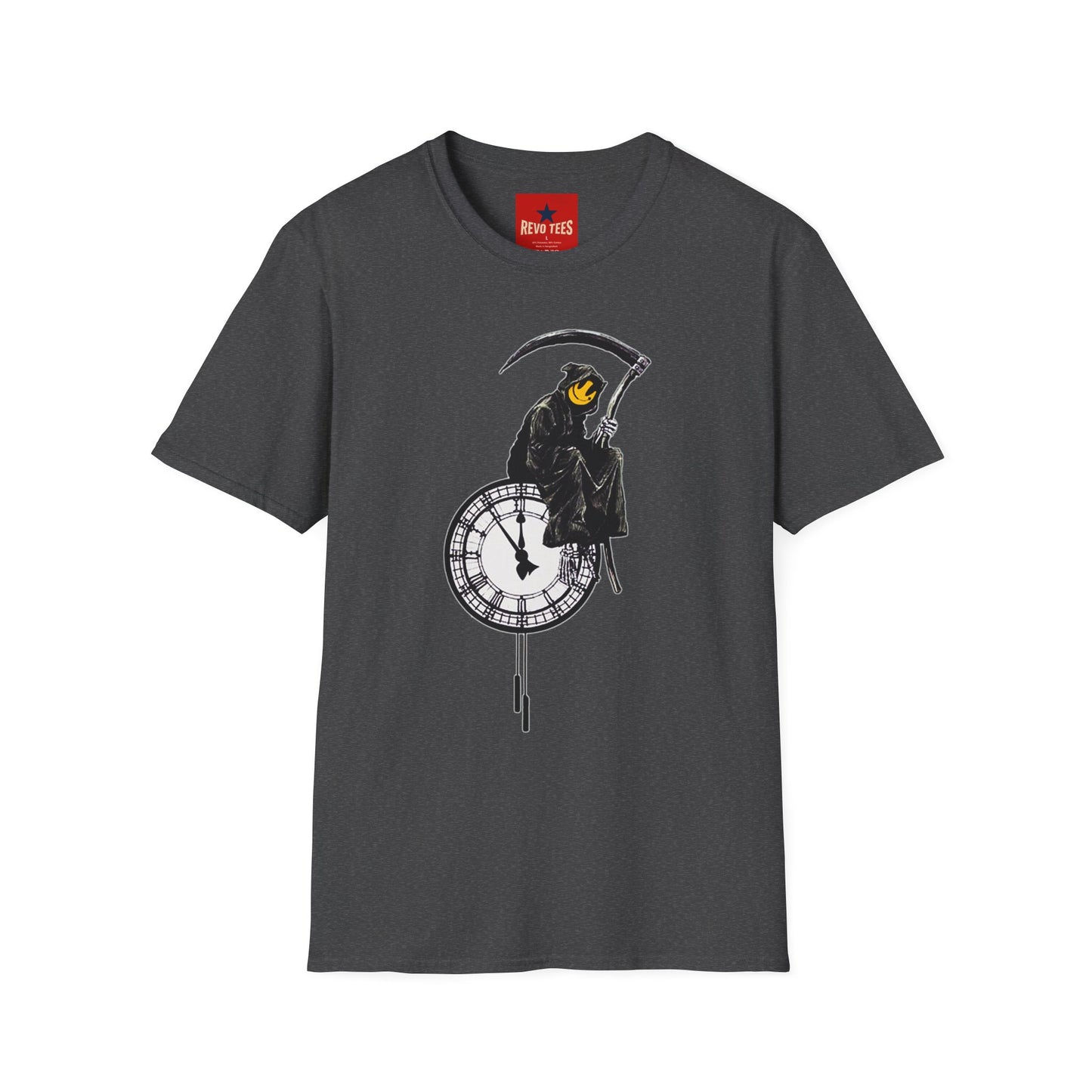 Banksy T‑Shirt — Grim Reaper Clock Graphic Tee (Smiley Mask)