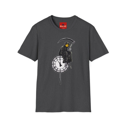 Banksy T‑Shirt — Grim Reaper Clock Graphic Tee (Smiley Mask)