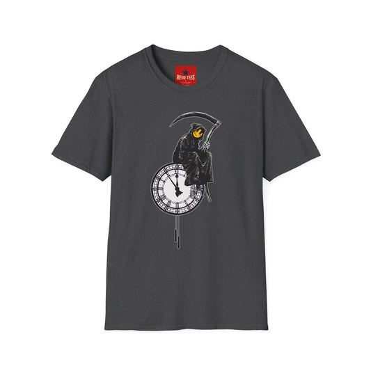 Banksy T‑Shirt — Grim Reaper Clock Graphic Tee (Smiley Mask)