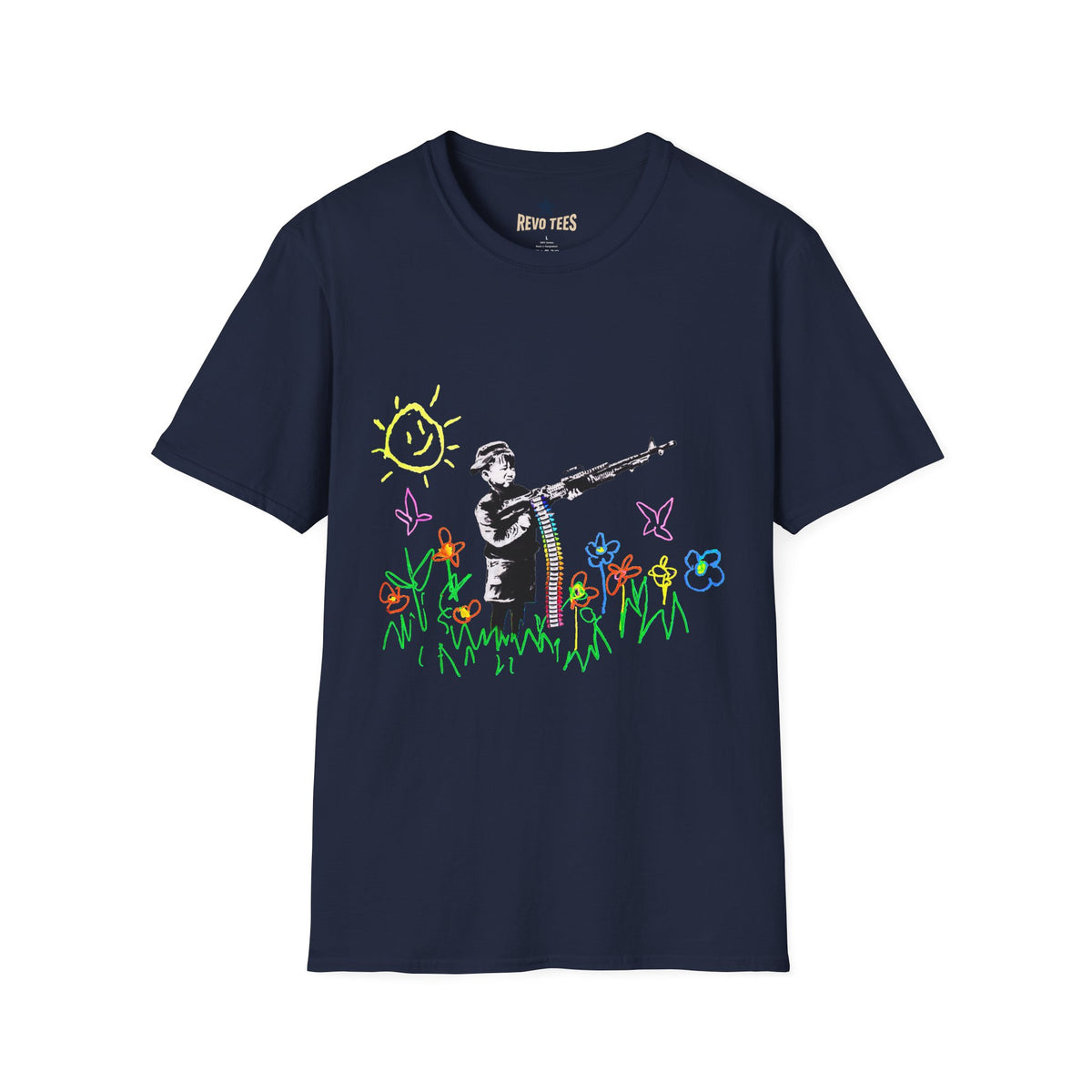 Revotees Banksy Style Soldier with Childlike Doodle Flowers T-Shirt - alternate view 8