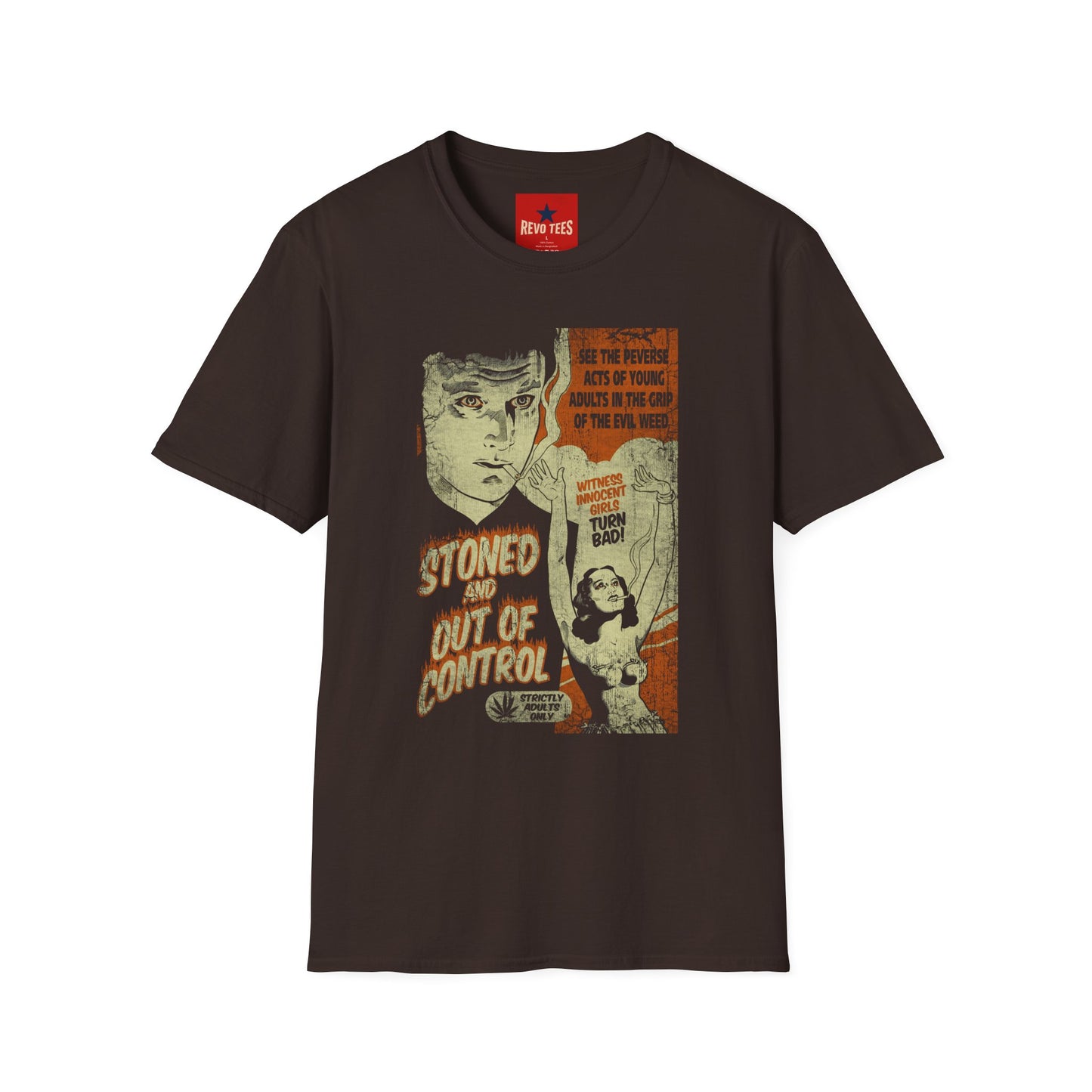 Vintage Anti-Drug Poster Graphic T-Shirt — “Stoned and Out of Control” Retro Design
