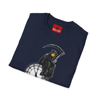 Banksy T‑Shirt — Grim Reaper Clock Graphic Tee (Smiley Mask)