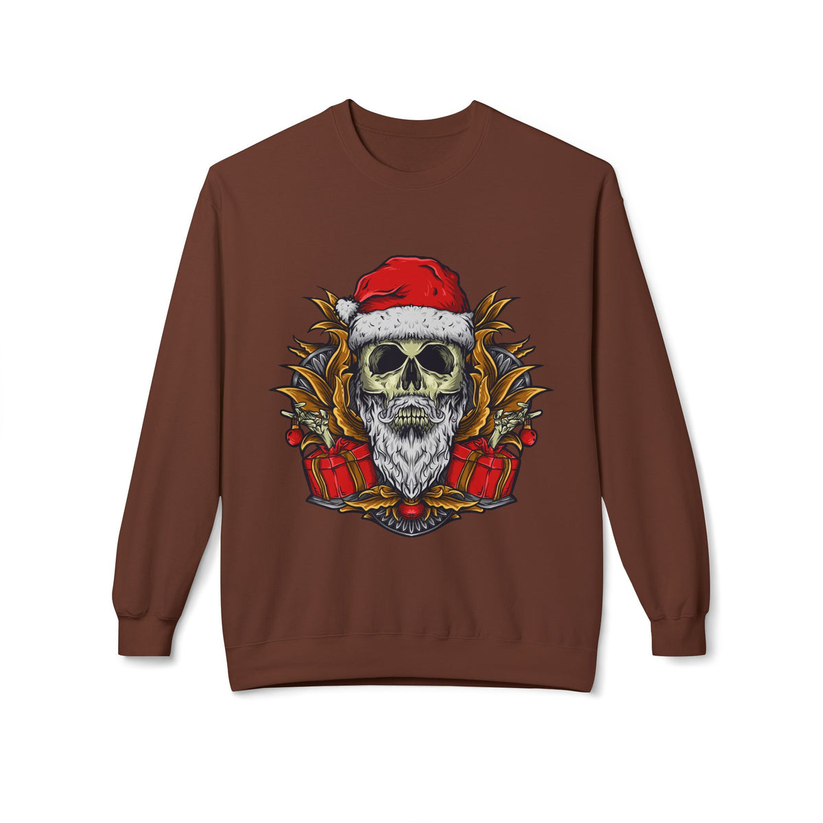 Skull Santa — Edgy Christmas Skull with Santa Hat and Gifts Crewneck Sweatshirt